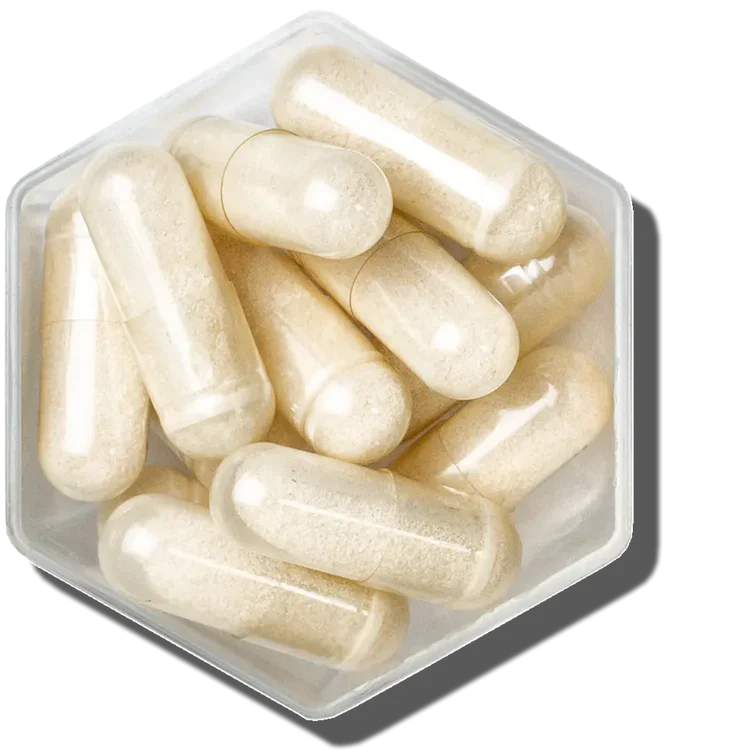 A dish of Berkeley Life Nitric Oxide Support capsules, cream coloured, seen from above.