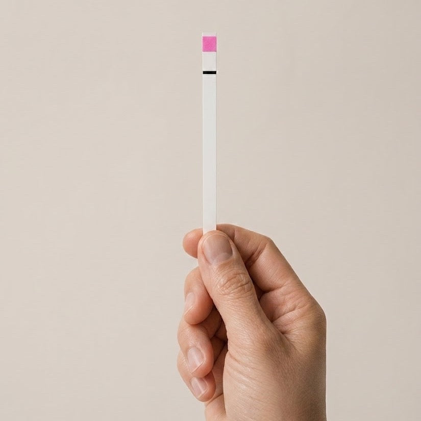 A hand holding a single Berkeley Life saliva test strip, its pad pale pink.