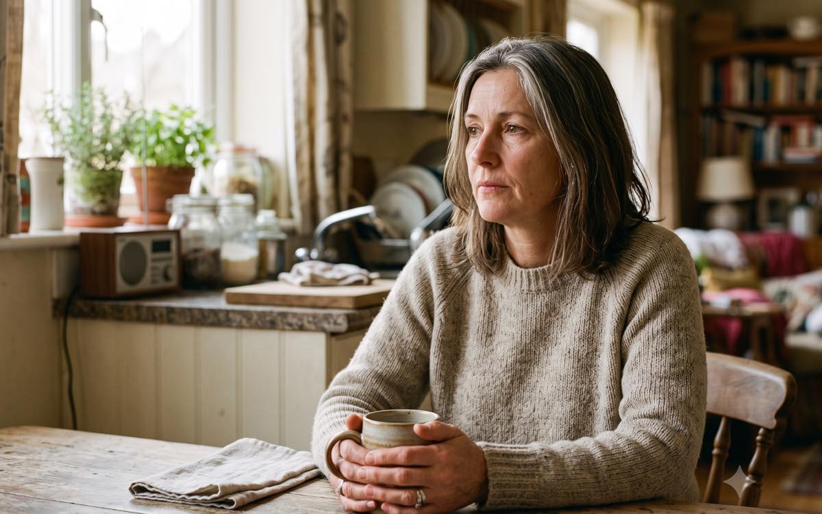 A woman in her early fifties sitting at her kitchen table in afternoon light, holding a mug in both hands, looking away in thought.