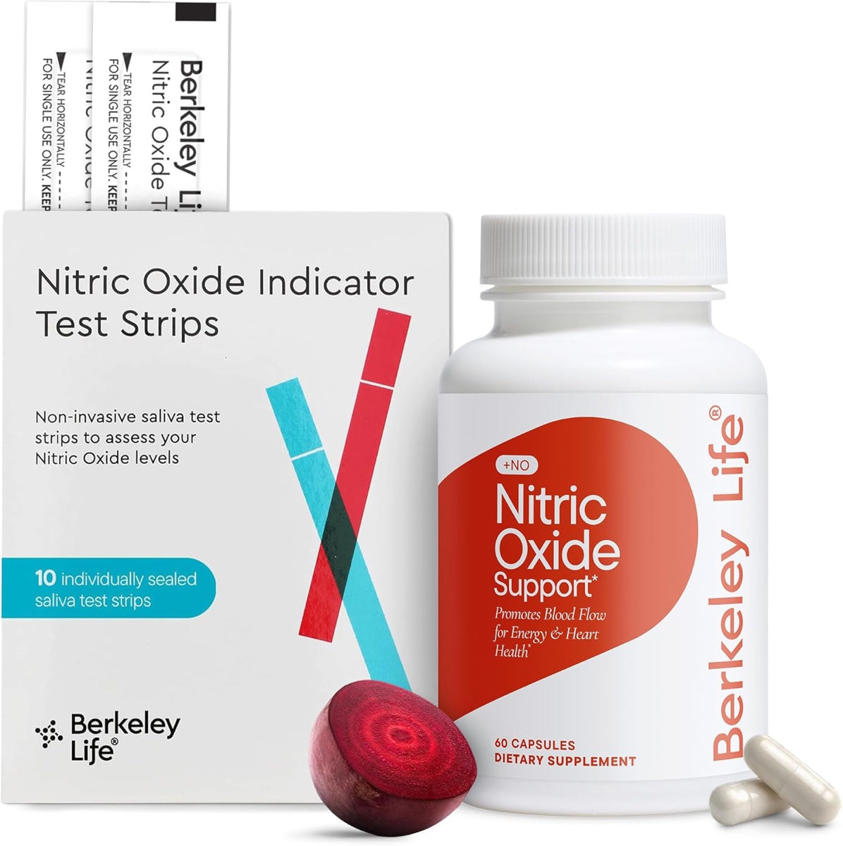 The Berkeley Life Starter Kit: a box of Nitric Oxide Indicator Test Strips beside a 60-capsule bottle of Nitric Oxide Support, a halved beet and two capsules.