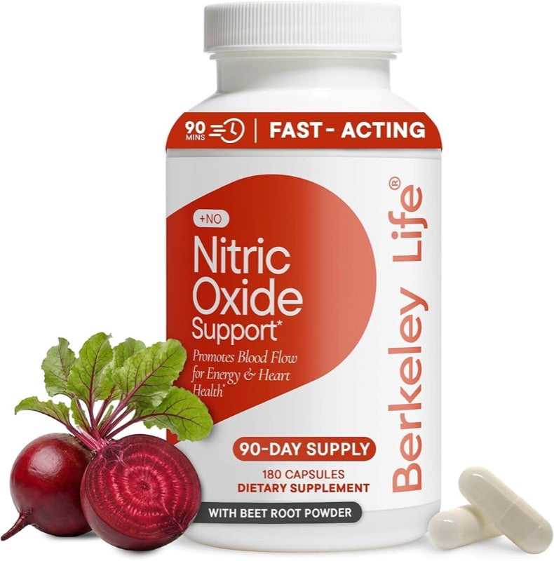 A 180-capsule bottle of Berkeley Life Nitric Oxide Support, labelled 90-day supply, beside a halved beet and two capsules.