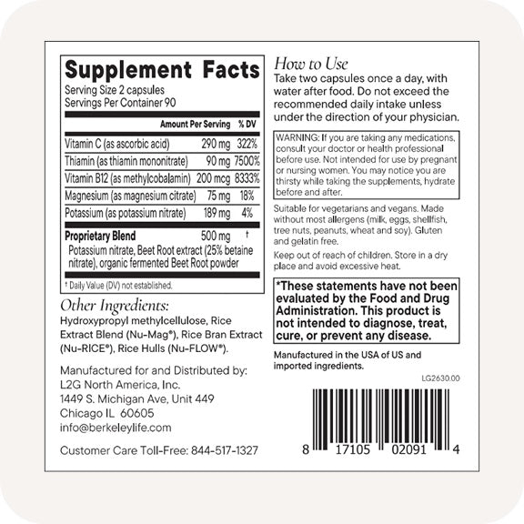 Supplement Facts panel. Serving size two capsules, 90 servings per container. Per serving: vitamin C 290mg, thiamin 90mg, vitamin B12 200mcg, magnesium 75mg, potassium 189mg, and a 500mg proprietary blend of potassium nitrate, beet root extract and organic fermented beet root powder. Take two capsules once a day with water after food.