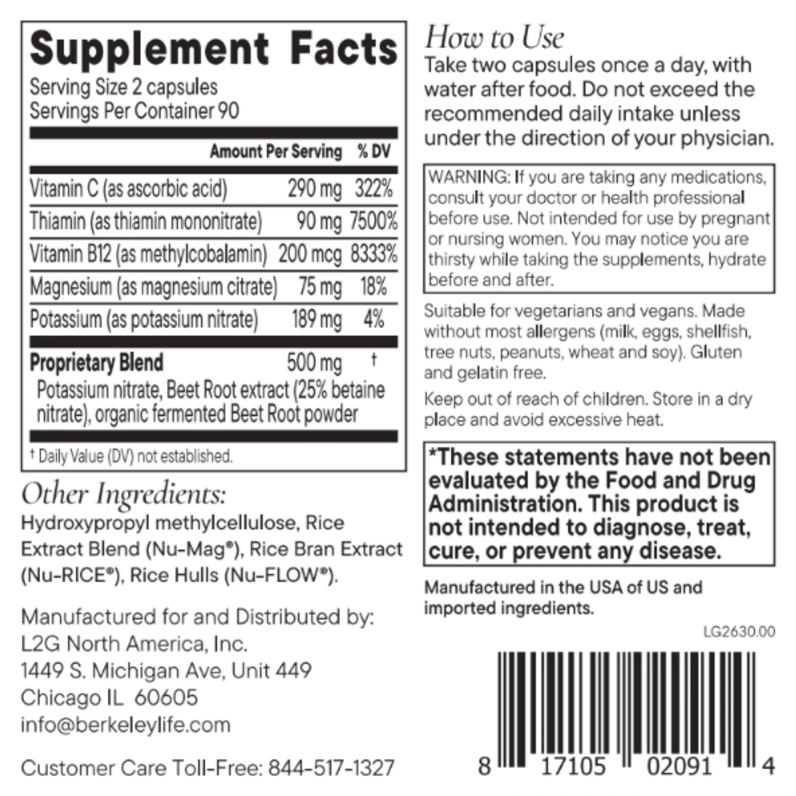 Supplement Facts panel. Serving size two capsules. Per serving: vitamin C 290mg, thiamin 90mg, vitamin B12 200mcg, magnesium 75mg, potassium 189mg, and a 500mg proprietary blend of potassium nitrate, beet root extract and organic fermented beet root powder.